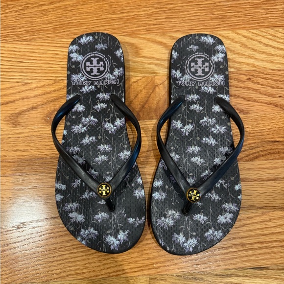 Tory Burch Black Floral Flip Flops - Picture 2 of 2